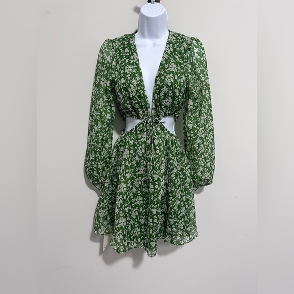 NWT Abercrombie & Fitch Long-sleeve sheer Green Floral Cutout Dress - Small - Picture 3 of 10